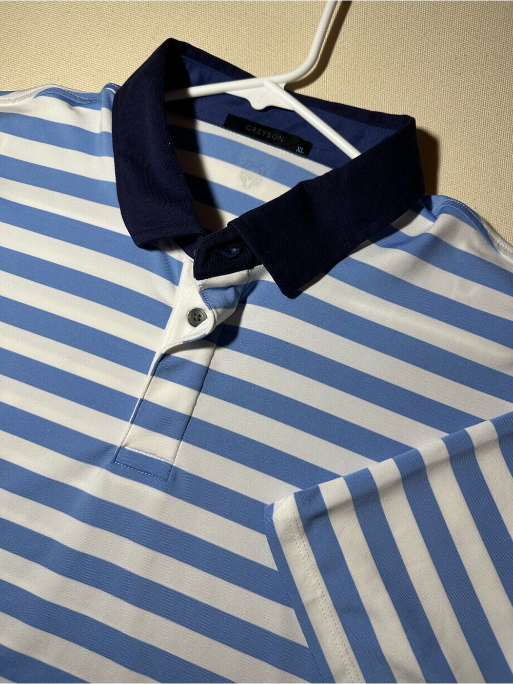 Greyson Men's Light Blue & White Striped Golf Polo with Navy Collar